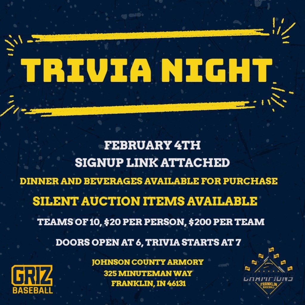 FCGrizBaseball's tweet photo. Please join us for Trivia Night February 4 at the Johnson County Armory!  Always a fun night to kick off the season!  See link:
https://t.co/Sh2PRzBI9p @FCGrizAthletics #GrizGrit #TEAMGRIZ https://t.co/HFroM6HPEp