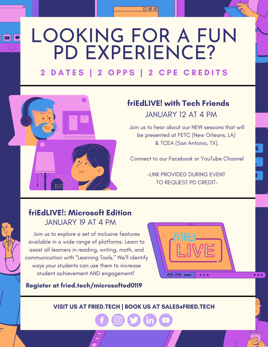friEdTechnology's tweet photo. Hungry for some bite-sized PD? Join us January 12 &amp; 19 for #friEdLIVE! In these webinars, friEdTech will explore uses for #edtech tools to promote engagement &amp; productivity. 1 PD credit hour for each session, too! Check out the details below 👀 #friEdfan #tcea2023 #fetc2023 https://t.co/PMi8hBe5wd