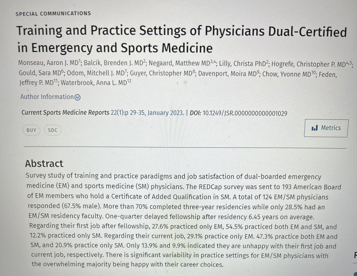 Our new paper out describing the practice of Emergency Medicine physicians with fellowships in Sports Medicine. We hope this helps to grow this unique field w/ complimentary skills sets. <a href="/Iowa_EM/">University of Iowa Emergency Medicine</a> @ForteOrthoRI 

journals.lww.com/acsm-csmr/Abst…