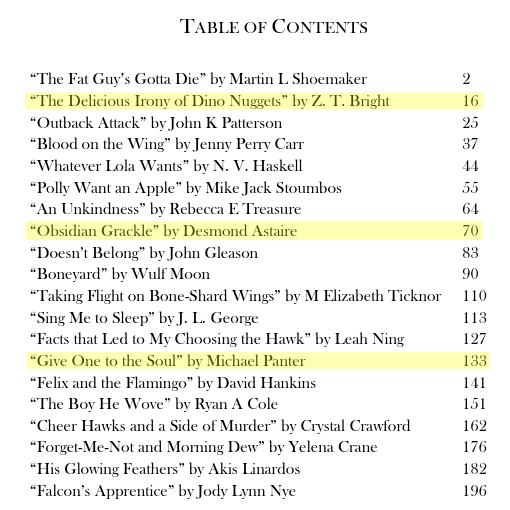 DesmondAstaire's tweet photo. The #MURDERBIRDS! (April '23) lineup is straight-up fire, but I'm especially thrilled to share a TOC w/ @ZeeTeeBee &amp; @MichaelPanter5 again.

One year ago, we won 4Q of @WotFContest Vol. 38, and I've since learned they are way too humble about how incredibly talented they are! https://t.co/HGZcRomkHD