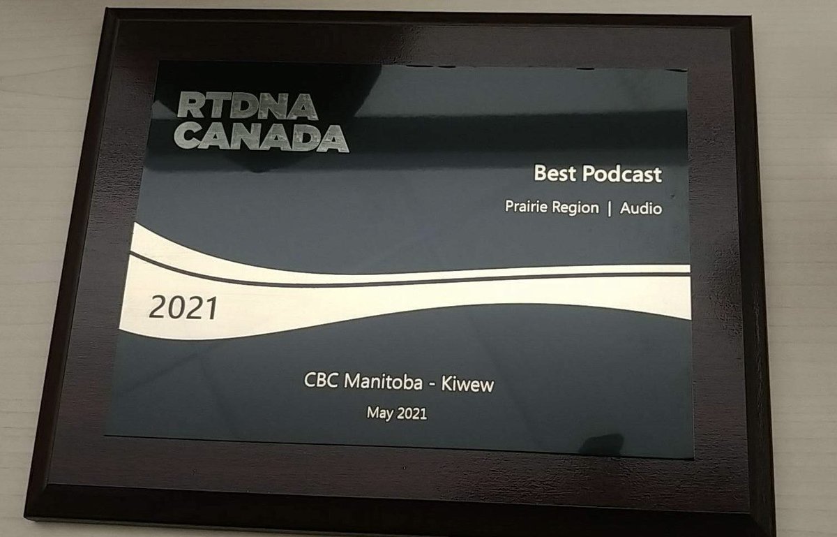 My podcast, Kíwew, won the RTDNA award for Best Podcast in the prairie region in 2021 and we just got a plaque for it! Thanks for sharing, <a href="/CBCjulie_dupre/">Julie Dupré</a> (super producer). <a href="/cbcpodcasts/">CBC Podcasts</a>