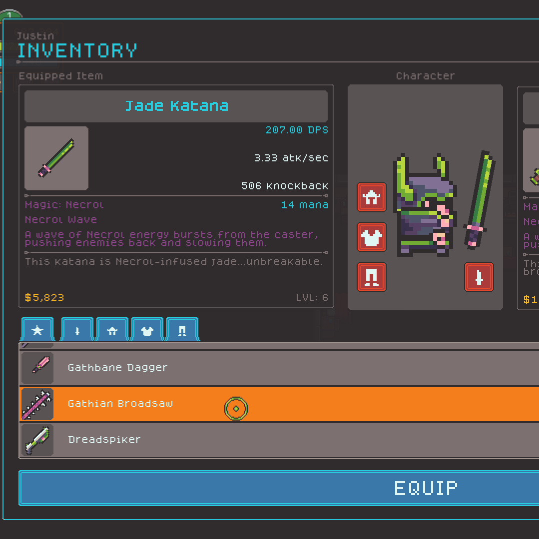 NarfoxStudios's tweet photo. Serrated bone blade or solid jade Katana? So many choices. Choose your loadout carefully because the abilities you have to use in combat are based on your gear!

#gamedev #rpg #steam

https://t.co/vgSmDbCb5J https://t.co/av1SmamxSA