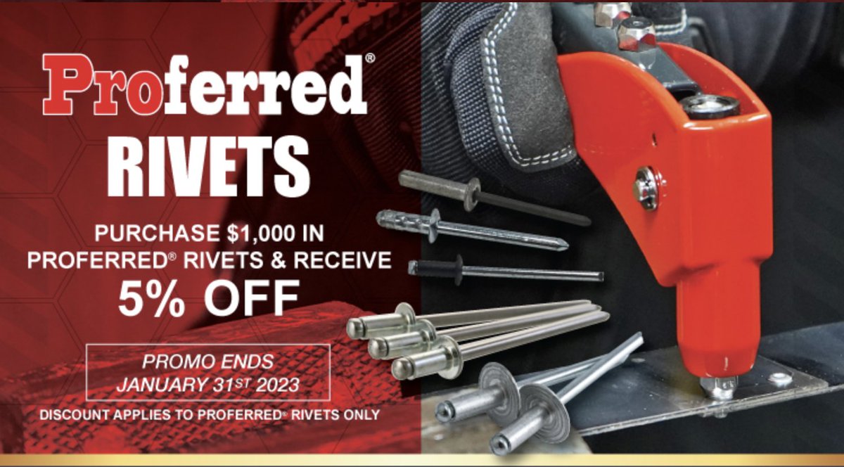 ProferredPro's tweet image. Check out our January Proferred Rivet promo. Purchase 1,000 in Proferred Rivets and receive 5% OFF. 

Discount applies to Proferred Rivets only.

Promo ends January 31st 2023.
Contact your BBI Account Rep for more details.
#Proferred #ProferredRivets #KeeponRiveting #rivets