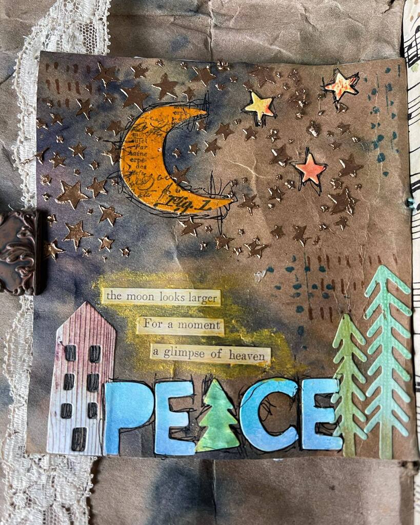BearseKaren's tweet photo. Day 2: #junkjournaljanuary prompt is starry. Using @tim_holtz stencils, diecuts & word stickers, #distressglaze #distresscrayons stamps in the background. Lots of fun playing with my stash!! #timholtz #sizzix #rangerink #minialbum #mymakingstory #journal… https://t.co/h6nui9PsTS https://t.co/UbOqywe6K2