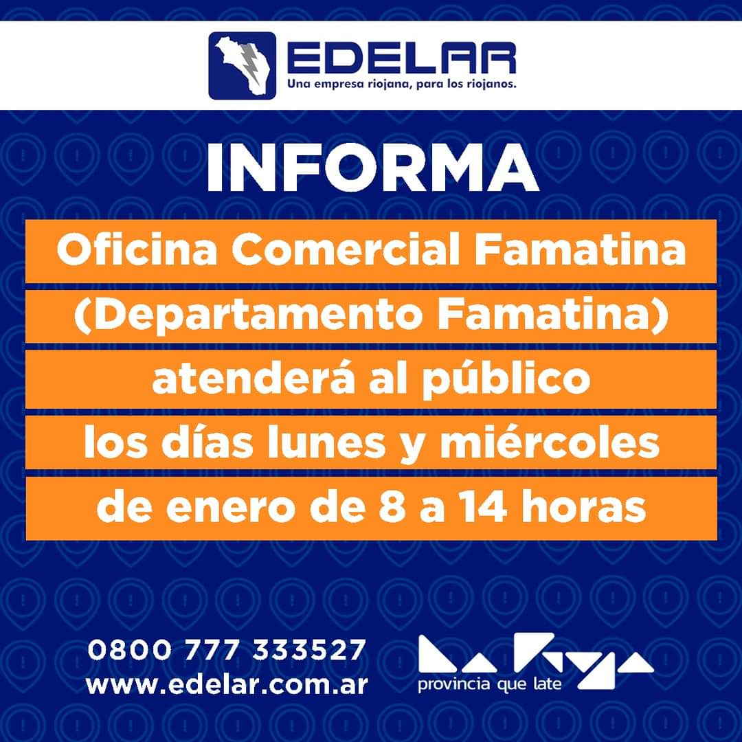 mediosriojaok's tweet image. #EdelarInforma #AtenciónComercial en oficinas de los departamentos Arauco, Chilecito, Famatina y San Blas de los Sauces durante enero. 

💻Recordamos que puede visitar nuestra web edelar.com.ar 
☎️Ante cualquier urgencia comunicarse al 0800-777-333527