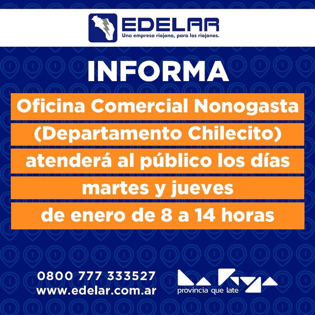 mediosriojaok's tweet image. #EdelarInforma #AtenciónComercial en oficinas de los departamentos Arauco, Chilecito, Famatina y San Blas de los Sauces durante enero. 

💻Recordamos que puede visitar nuestra web edelar.com.ar 
☎️Ante cualquier urgencia comunicarse al 0800-777-333527