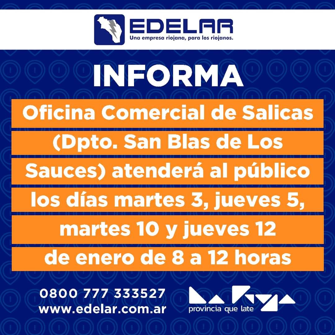 mediosriojaok's tweet image. #EdelarInforma #AtenciónComercial en oficinas de los departamentos Arauco, Chilecito, Famatina y San Blas de los Sauces durante enero. 

💻Recordamos que puede visitar nuestra web edelar.com.ar 
☎️Ante cualquier urgencia comunicarse al 0800-777-333527