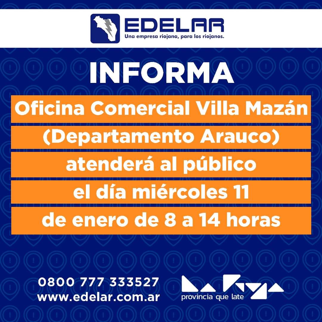 mediosriojaok's tweet image. #EdelarInforma #AtenciónComercial en oficinas de los departamentos Arauco, Chilecito, Famatina y San Blas de los Sauces durante enero. 

💻Recordamos que puede visitar nuestra web edelar.com.ar 
☎️Ante cualquier urgencia comunicarse al 0800-777-333527