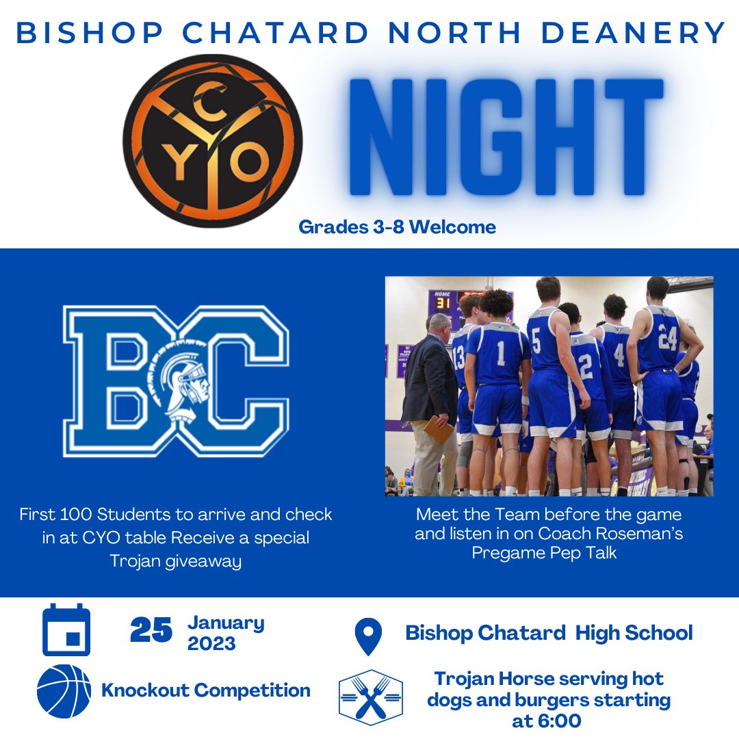 boilerjen23's tweet image. @CTKSports get to @bishopchatardHS on January 25 for @CYOIndianapolis basketball night at @BCTrojanBB with @BCHSTrojanHorse