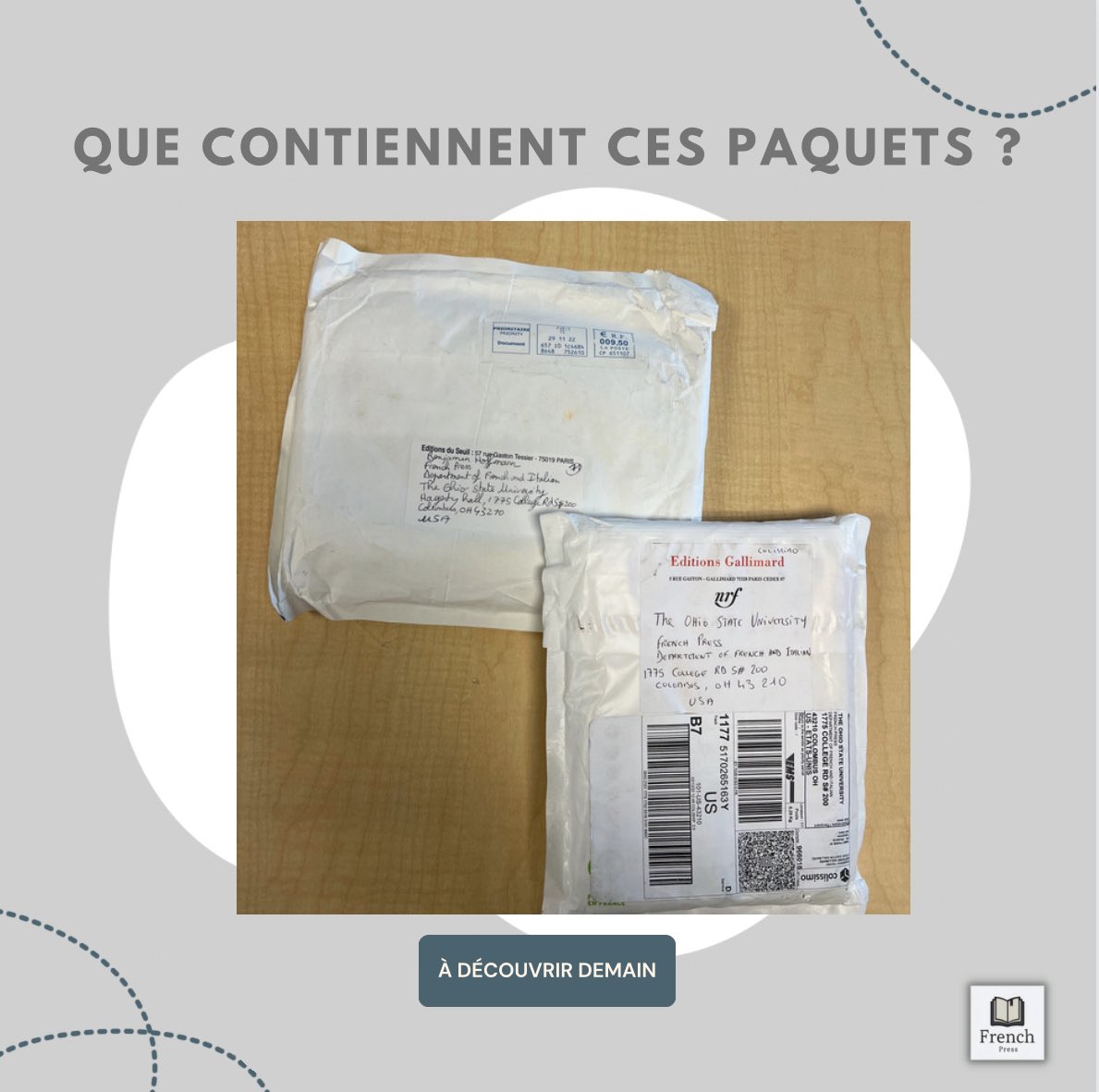 FrenchPressUsa's tweet photo. Que contiennent ces paquets envoyés par les Éditions @Gallimard et les @EditionsduSeuil ? Postez vos suppositions, résultats demain à la même heure ! #livre #roman #frenchpress #centerofexcellence #gallimard #leseuil #littérature
@usahoffmann @OsuCoe https://t.co/vaJ2ZpZX2o