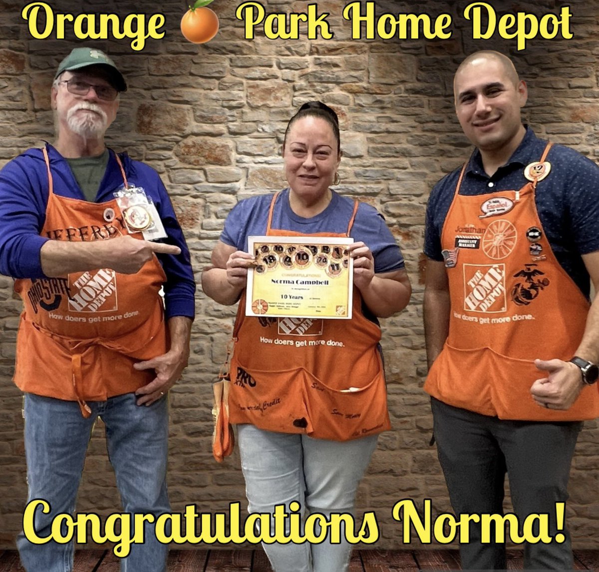 M5Lorie's tweet photo. Congratulations! 🎉🧡 🥳 Happy 10 Year Anniversary Norma🤩Thank You for all that you do for our Pro customers and our store! You’re Amazing &amp; We’re so glad you’re part of our Team! 🌟 #livetheorangelife #YourOPHD #HomeDepot #WayToGo #GoTeam 🫶🏻 #ProMakesDough https://t.co/uW0lq75Vl4