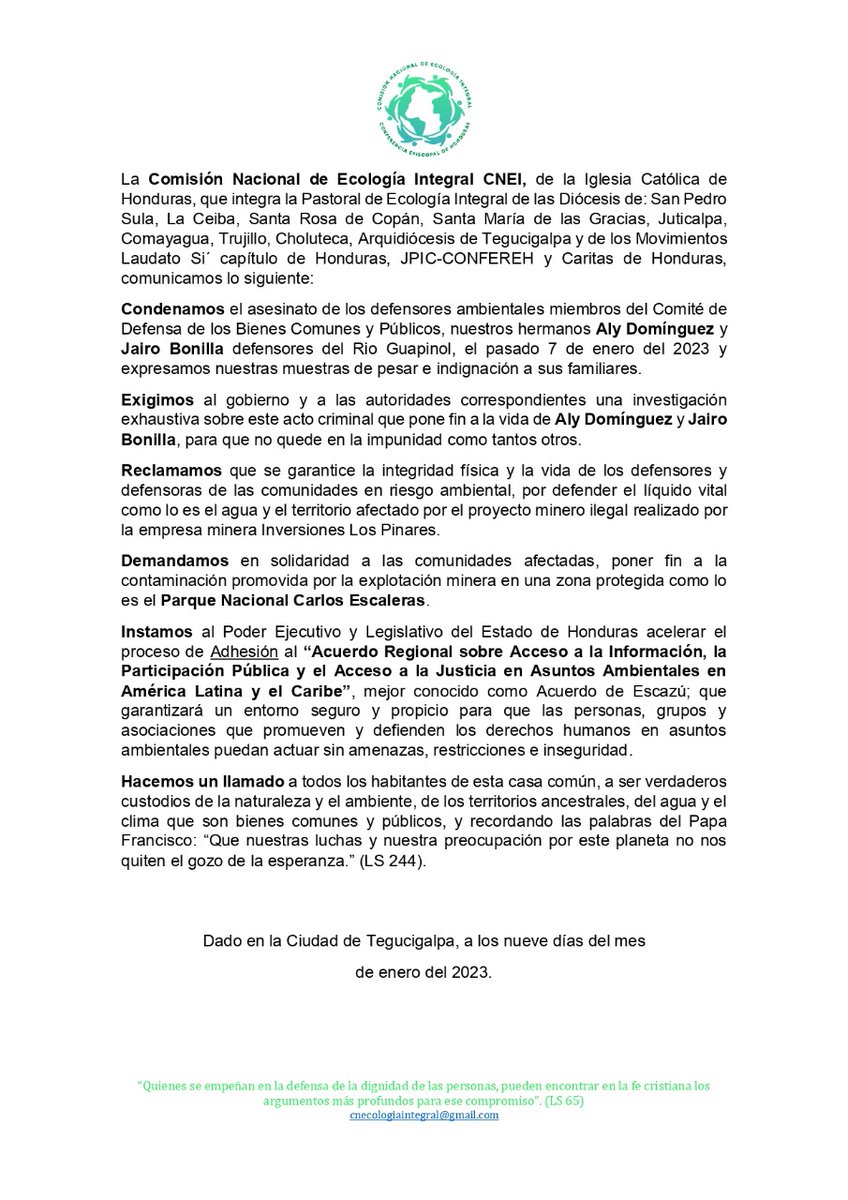 mlaudatosihn's tweet photo. Con muchísima pena por el asesinato de los defensores del Río Guapinol Aly Domínguez y Jairo Bonilla, compartimos el pronunciamiento de la Comisión Nacional de Ecología Integral de la Iglesia Católica. #ESCAZÚYA ✊ https://t.co/tt1lXx5aka