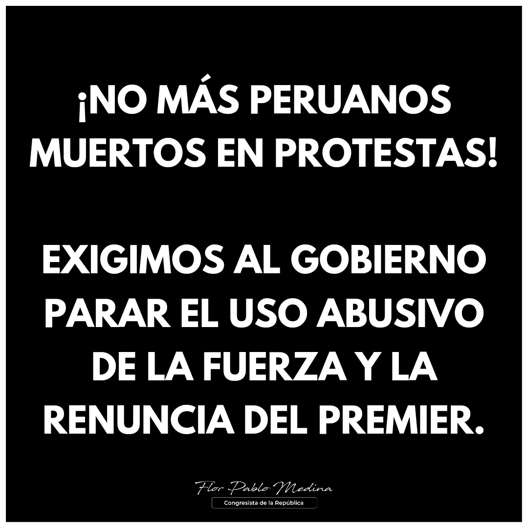 FlorPabloMedina's tweet photo. Lamento profundamente la muerte de 14 compatriotas de PUNO. No podemos seguir siendo espectadores ante el uso ABUSIVO de la fuerza por parte del Estado. Mañana no hay lugar a pedir confianza, el Premier Otárola DEBE RENUNCIAR.

Mi solidaridad y condolencias con las familias. https://t.co/2zeeNxoGjn