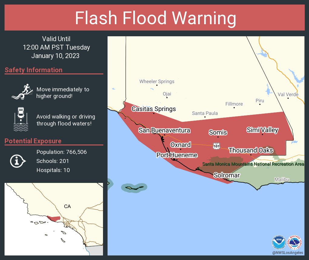 NWSLosAngeles's tweet photo. Flash Flood Warning including Oxnard CA, Thousand Oaks CA and  Simi Valley CA until 12:00 AM PST https://t.co/h9QoJ7awHh
