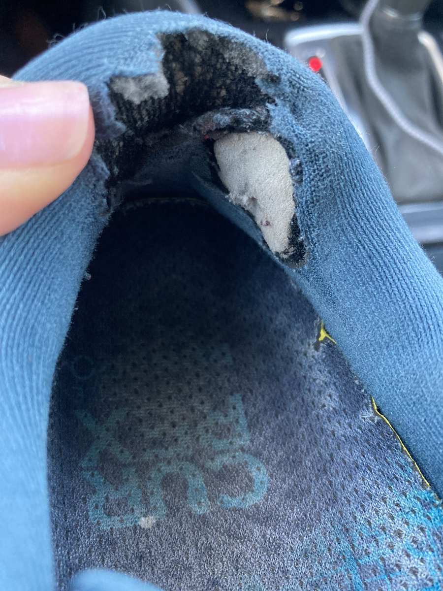 haleighfank's tweet photo. The back of my @brooksrunning shoes keep shredding. I even went up a half size and the same thing keeps happening.  Im on my third pair.  Any advice? https://t.co/qsgDCvOiay