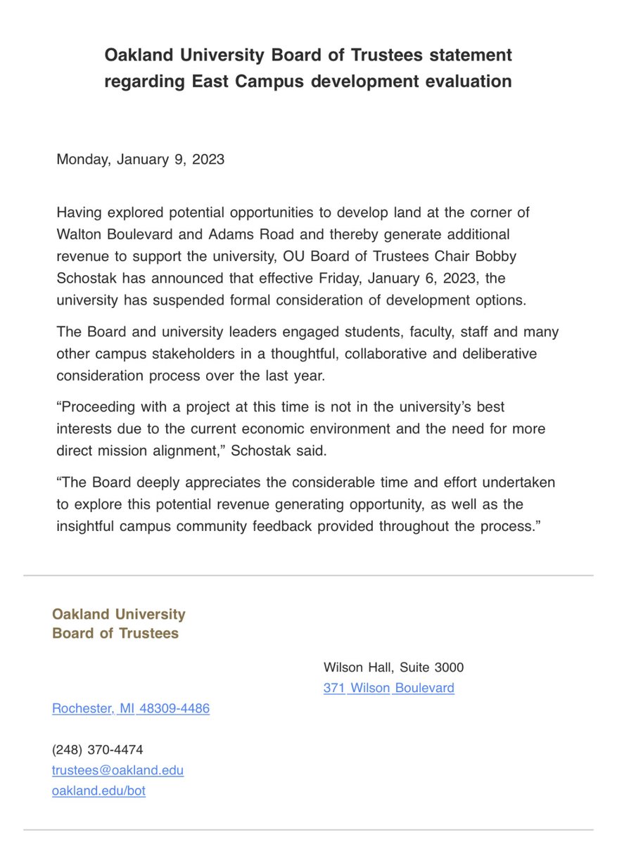 For those of you interested in OU's East Campus Development, here is an update from the Board of Trustees. The project has been suspended.  Kudos to the student and faculty voices organized together in support of the university's actual mission!