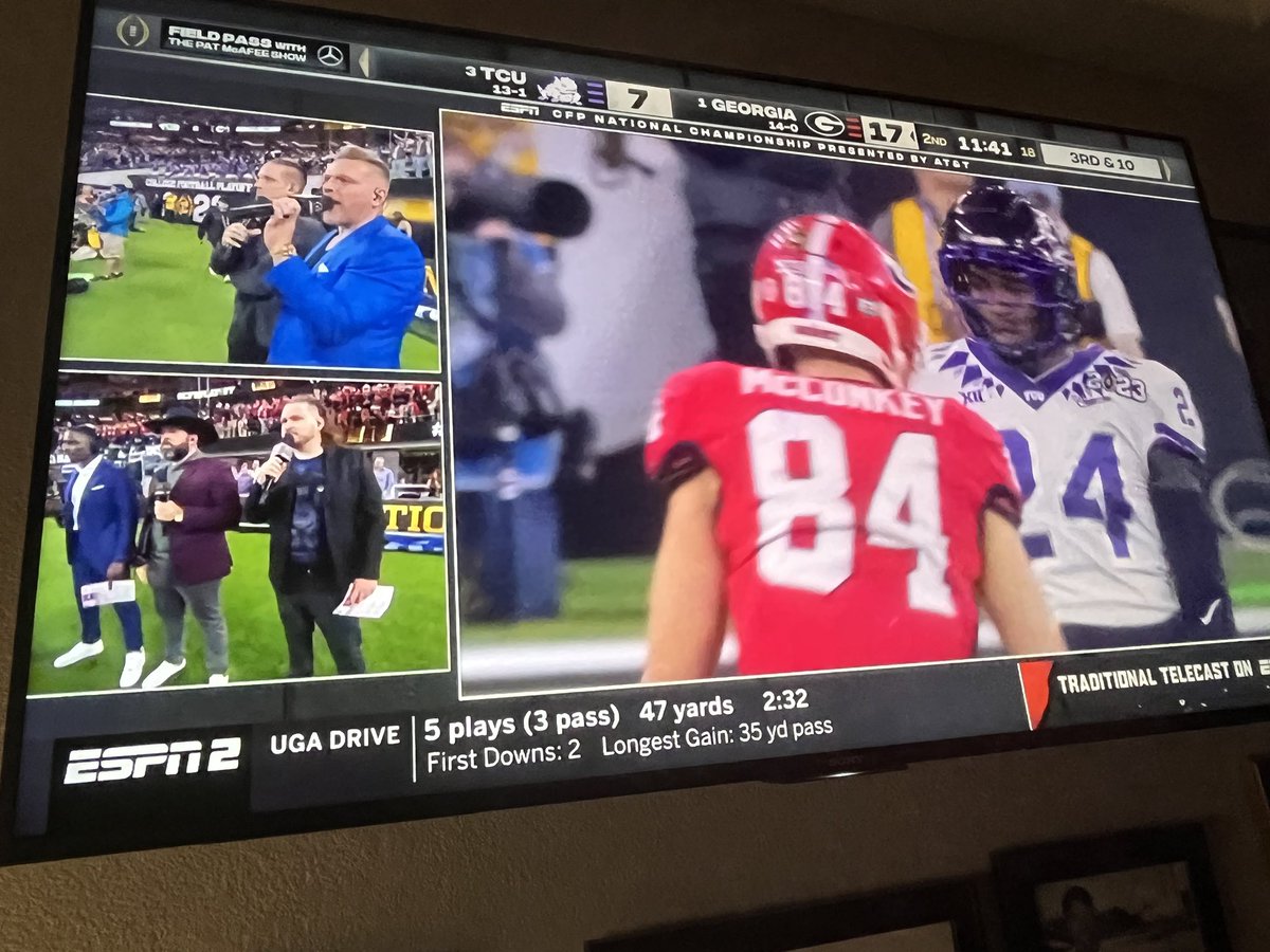 If you’re not watching <a href="/PatMcAfeeShow/">Pat McAfee</a> on #espn2 you’re missing the Show w/in the    #CFBChampionship!  #TheFuture <a href="/georgiabulldogs/">Georgia Dawg Fans</a> <a href="/TCUFootball/">TCU Football</a>