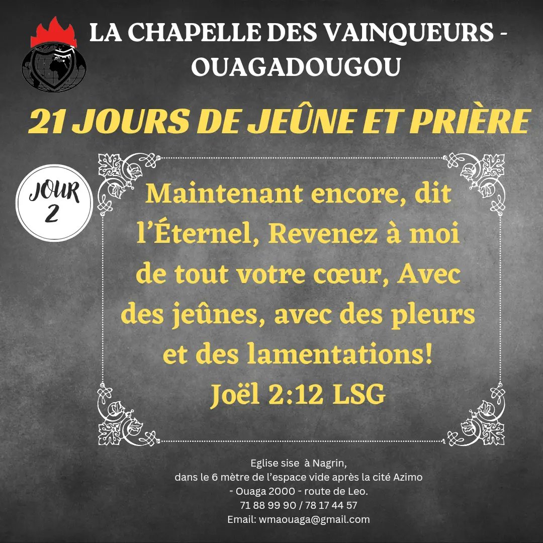 winnerschapelbf's tweet photo. Vous êtes la bienvenue à notre 2eme jour des 21 jours de jeûnes et prières 2023. Ps 61:2-3
- Heure d'alliance de prière: 5h45 du lundi au samedi
- Prière du soir: 18h du lundi au vendredi
- Dimanche: 7h30 / 9h30
#CovenantHighways #21daysoffastingandprayer #IAmAWinner https://t.co/kagD04whtX
