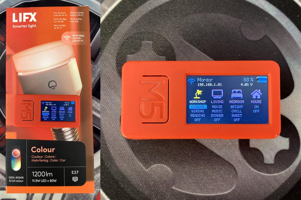 I finalized my #LIFX remote control with an #M5Stack #M5StickCPlus (#ESP32-Pico-D4). I implemented the LIFX LAN UDP/IP API to control all my lights with personal presets of colored moods according to my activities. Powered by 💖 <a href="/lovyan03/">らびやん</a>'s  #M5Unified library. <a href="/M5Stack/">M5Stack</a> <a href="/LIFX/">LIFX</a>