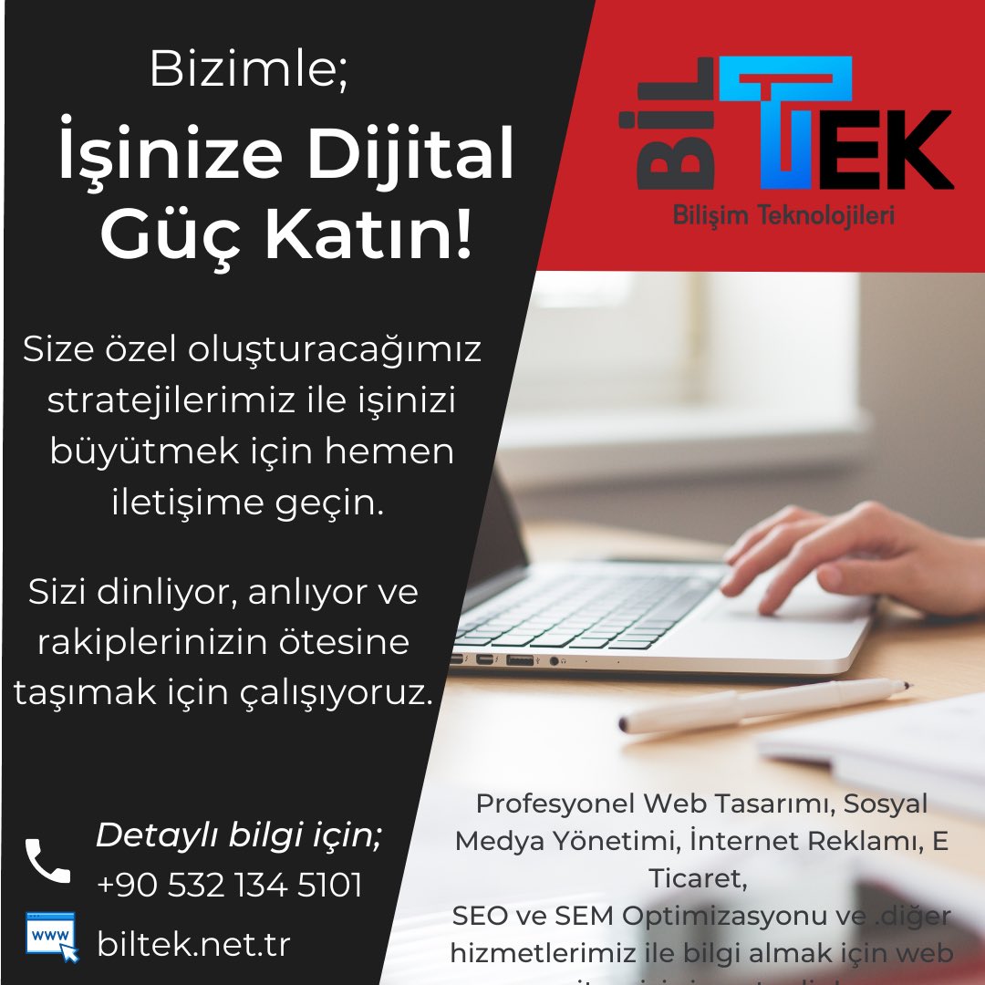 Bizimle; İşinize dijital güç katın!
#biltek #biltekweb #dijitaldünya