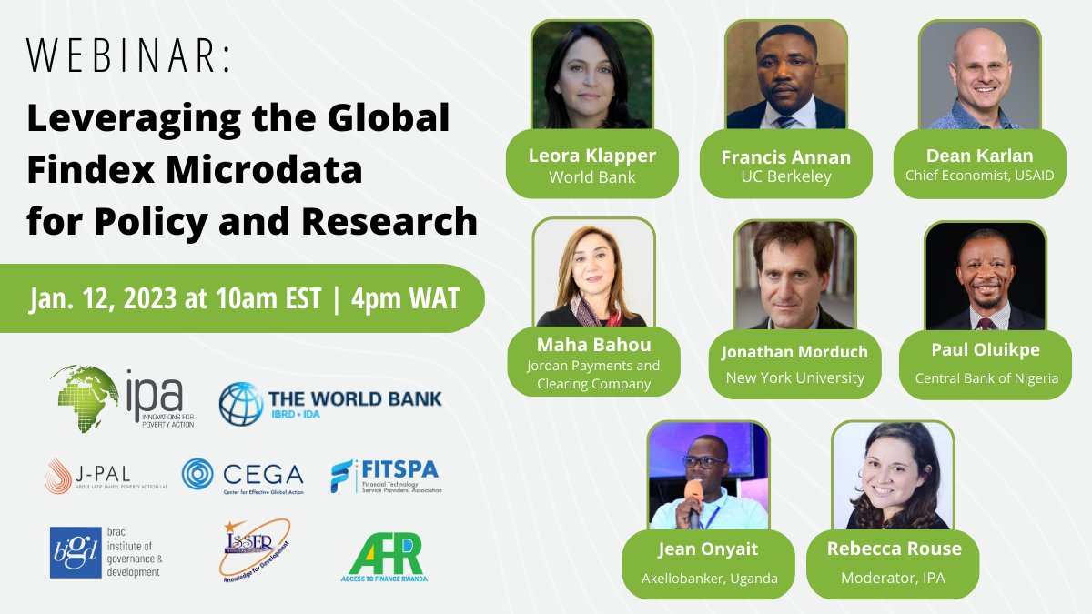 Join @JOnyait our CEO in a webinar themed 'Leveraging the global Findex microdata for policy and research,' organized by @poverty_action and @WorldBank in partnership with @JPAL @CEGA_UC @BIGD_bracu @ISSERUG @FitspaUG @AFRwanda.

#Akellobanker #ChangingLives #OneClickAtAtime