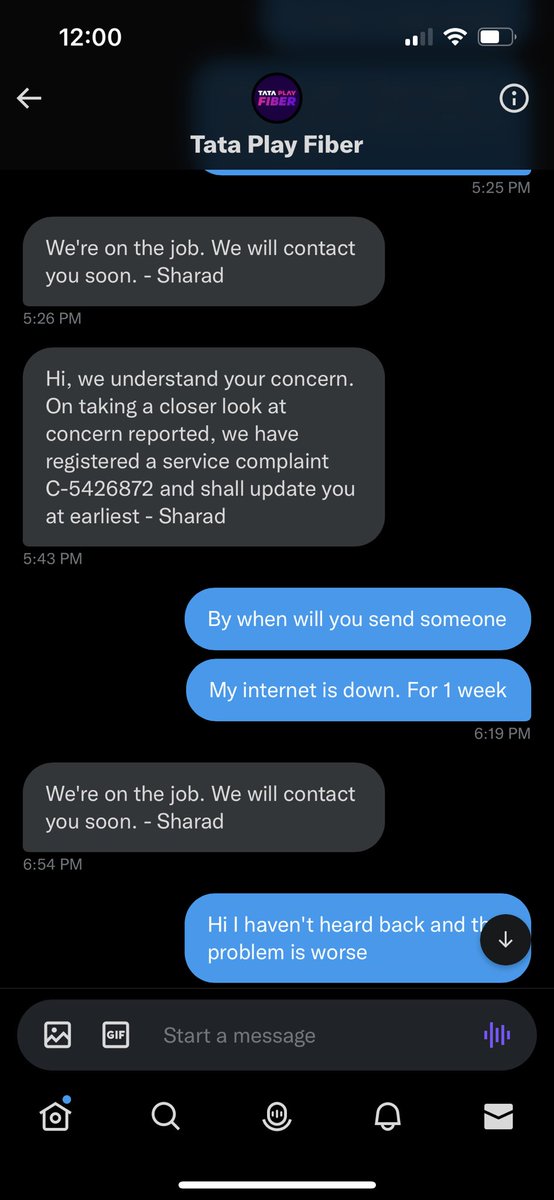 GuptaDevansh's tweet photo. ⁦@tataplayfiber⁩ is this what you do? Ghost us once you respond publically to show that you are doing something? I haven't heard back at all. If I am late by 10 seconds to pay my bill I get 8000 calls and msgs. But 1 week service down and nobody bothers? https://t.co/BLEEmDDrOT