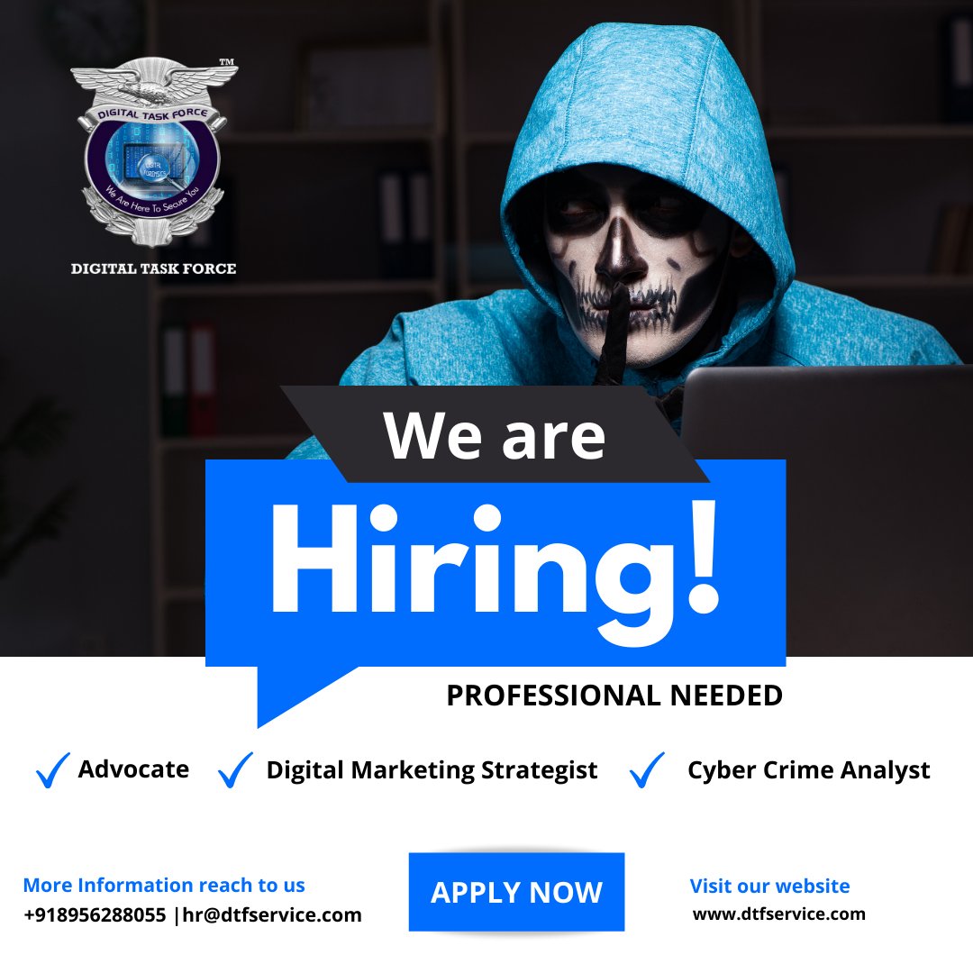 WE ARE HIRING…!

JOB OPENINGS:
1. Cyber Crime Analyst 
2. Digital Marketing Strategist
3. Advocate

Don't forget to LIKE, SHARE and SAVE this post!

#cybersecurity #jobs #career #employment  #dtf #digitaltaskforce #CyberSurkshaAbhiyan #cybersafety #cybercrime