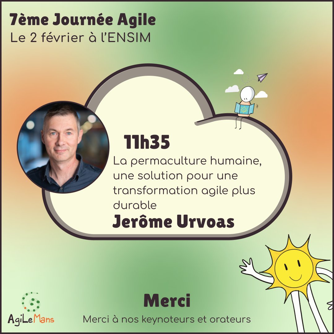 AgiLeMans (@agilemans) on Twitter photo Pour la journée Agile du 2 février en C03 le matin vous pourrez retrouvez Philippe Morisseau à 9h15 pour Le DevOps expliqué à mon père
<a href="/cswierkowski/">Céline Swierkowski</a> à 10h30 pour Cessez d'être gentil, soyez agile ! et enfin <a href="/JeromeUrvoas/">Jérôme URVOAS</a> à 11h35 avec La permaculture humaine Pour la journée Agile du 2 février en C03 le matin vous pourrez retrouvez Philippe Morisseau à 9h15 pour Le DevOps expliqué à mon père
<a href="/cswierkowski/">Céline Swierkowski</a> à 10h30 pour Cessez d'être gentil, soyez agile ! et enfin <a href="/JeromeUrvoas/">Jérôme URVOAS</a> à 11h35 avec La permaculture humaine