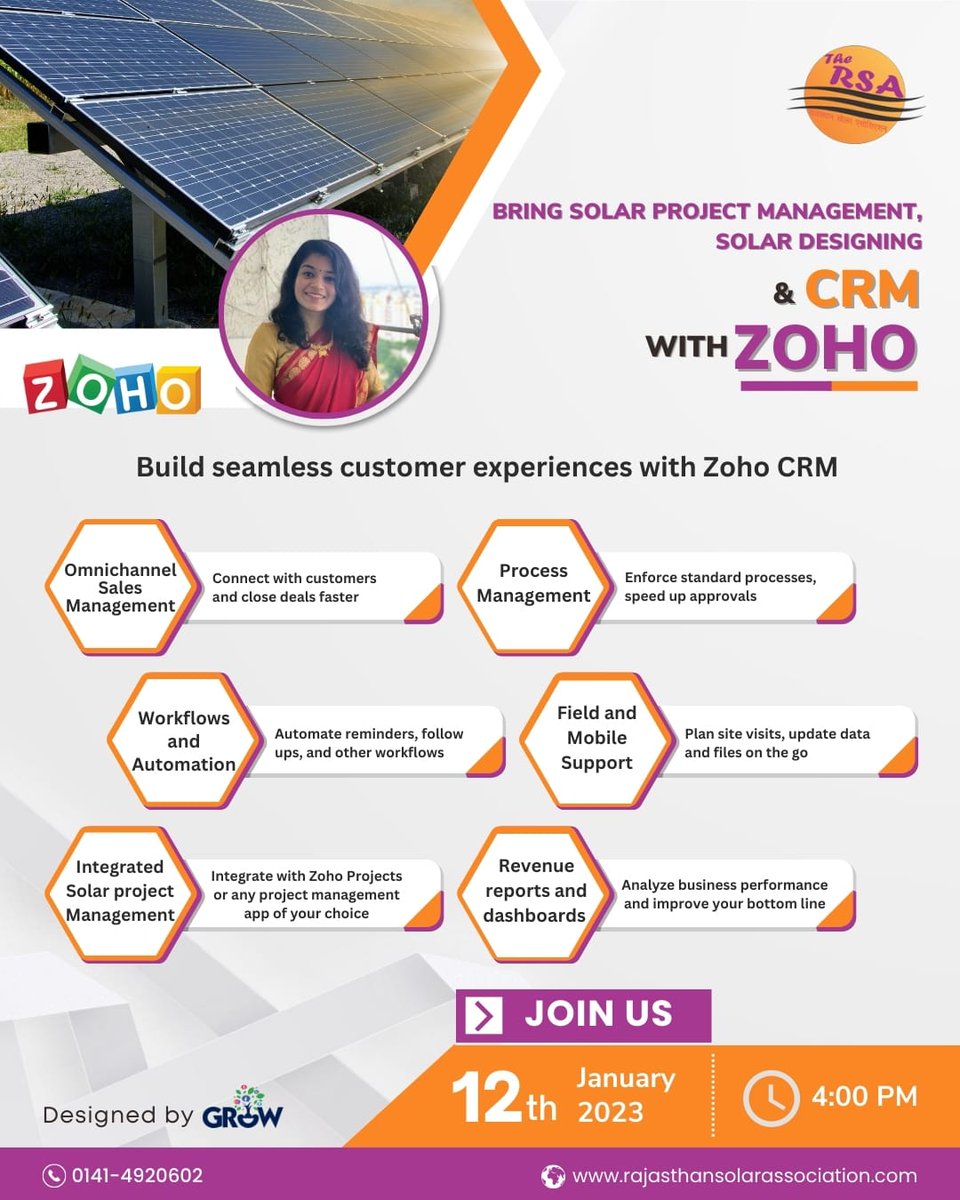 RSA Organize LIVE WEBINAR with ZOHO CRM INC.

On 12th January, 2023 at 4:00 PM
TO SAVE YOUR SEAT, PLEASE REGISTER :-lnkd.in/dun8Xu9G
.
.
#software #webinar #solar #projectmanagementsoftware #solarepc #solarproject