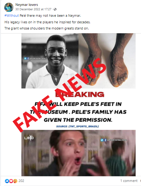 TrueNewsBengal's tweet photo. #FakeNewsAlert | #FIFA  to keep #Pele's feet in a museum? No, viral claim is fake. >> https://t.co/l6gTVK6NS4 https://t.co/B6SGXwNb6a