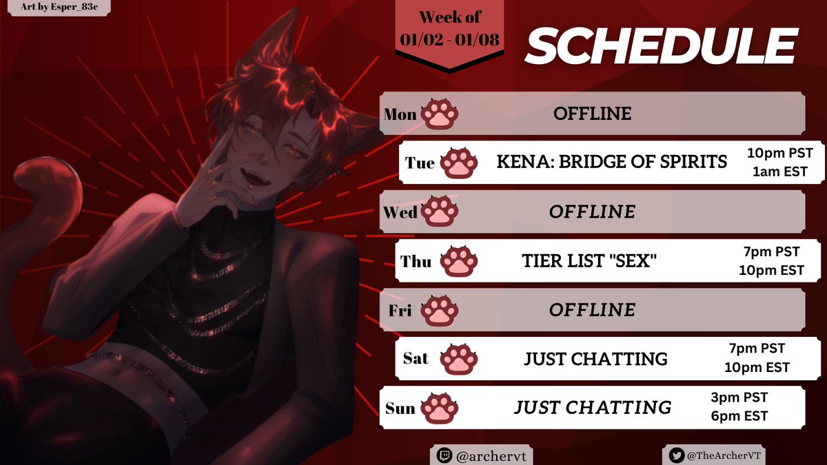 TheArcherVT's tweet photo. ✴️Schedule✴️
🐱Lots of things are brewing!
🐈"Time for y'all to get to know me WAY BETTER"🐈
🖌️Fanart: #ARTcher
🔞NSFW: #Archerussy
🎮#Vtuber #ENVtuber #VtuberUprsing https://t.co/k3nMcrWEzE
