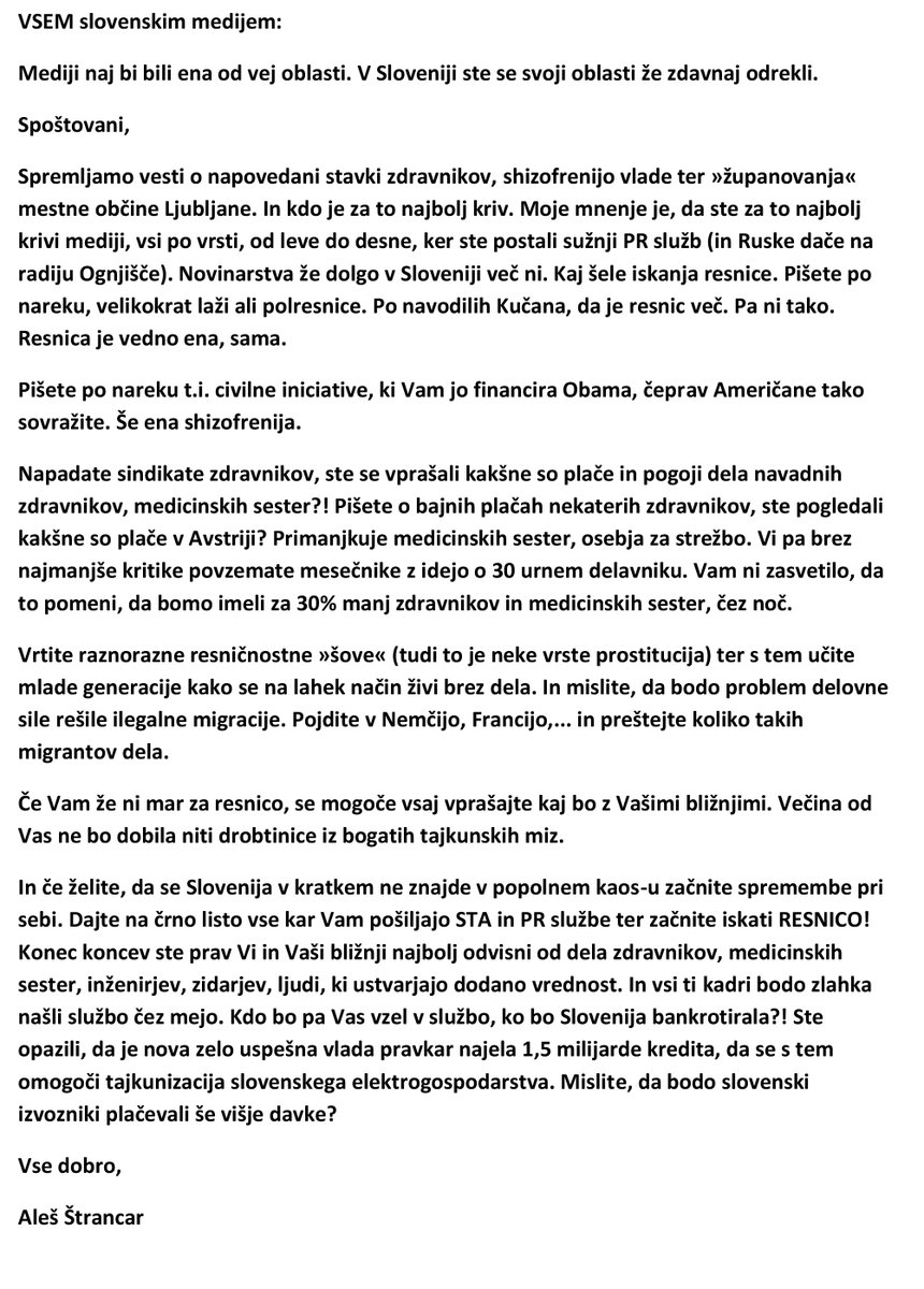 Pravkar prejeto po elekronski pošti, menda poslano vsem medijem ...⬇️