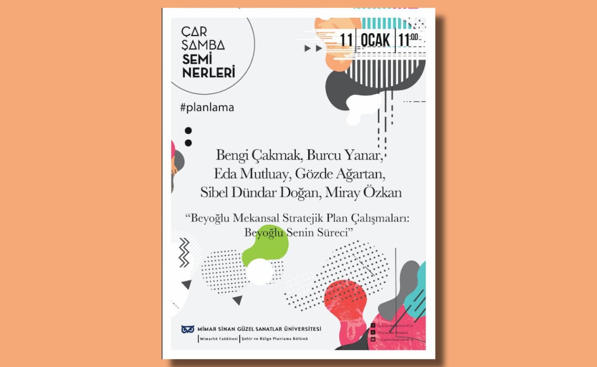 arkiteracom's tweet image. MSGSÜ Şehir ve Bölge Planlama Bölümü'nün düzenlediği Çarşamba Seminerleri'ne #planlama teması ile Bengi Çakmak, Burcu Yanar, Eda Mutluay, Gözde Ağartan, Sibel Dündar Doğan ve Miray Özkan konuk oluyor.Seminer bugün saat 11:00'da çevrim içi olarak yapılacak.
arkitera.com/etkinlik/carsa…