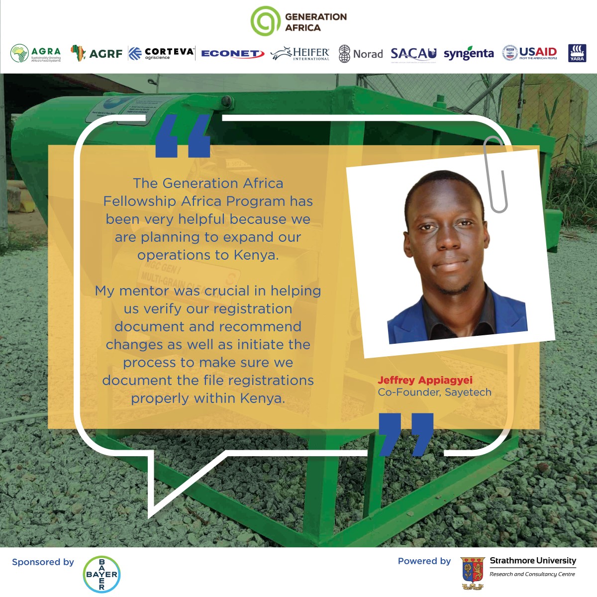 GoGettazAfrica's tweet photo. In-depth knowledge from their #GenerationAfrica Fellowship Programme (#GAFP) mentor has helped Jeffrey Appiagyei, Co-founder of @sayetech in Ghana to avoid costly mistakes as they expand their company.

#ImpactStories @Bayer @Bayer4Crops @AGRA_Africa @TheAGRF @SRCC_Ltd https://t.co/2jBrA0EdoB