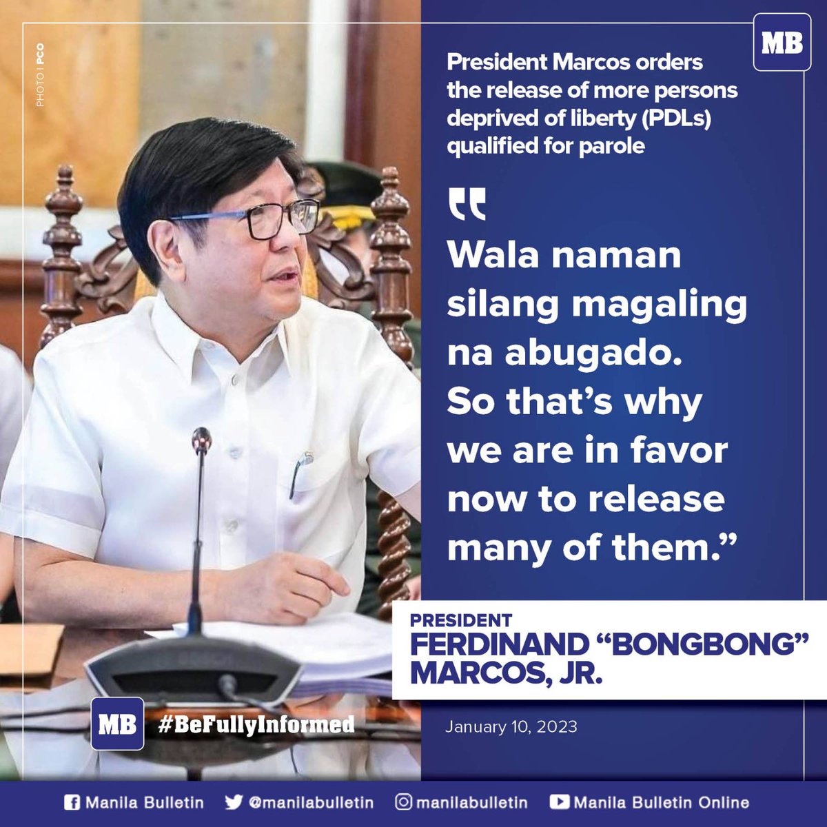 manilabulletin's tweet photo. President Ferdinand “Bongbong” Marcos Jr. has ordered the release of persons deprived of liberty (PDLs) qualified for parole to decongest the country’s correctional facilities.

READ: https://t.co/isFvOE8cY1 https://t.co/RUesrqckAq