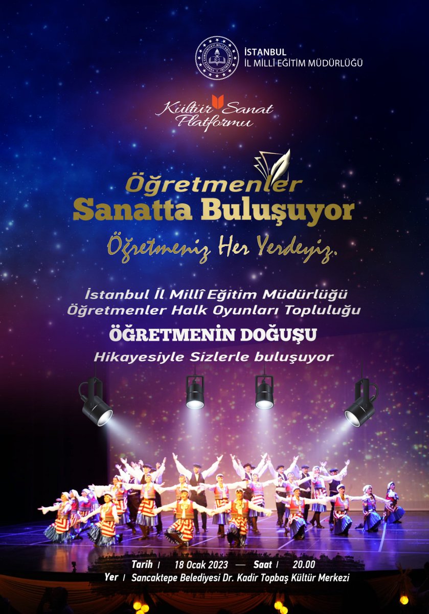 ist_arge's tweet photo. 🎼Kültür Sanat Platformu bünyesinde "Öğretmenler Sanatta Buluşuyor" Projemiz kapsamında İl Millî Eğitim Müdürlüğümüz Öğretmenler Halk Oyunları Topluluğu gösterisi

🗓️ 18 Ocak
⏰ 20.00
📍Sancaktepe Belediyesi Dr. Kadir Topbaş Kültür Merkezi

#öğretmenizheryerdeyiz
@tcmeb https://t.co/fcQRBjG5SJ