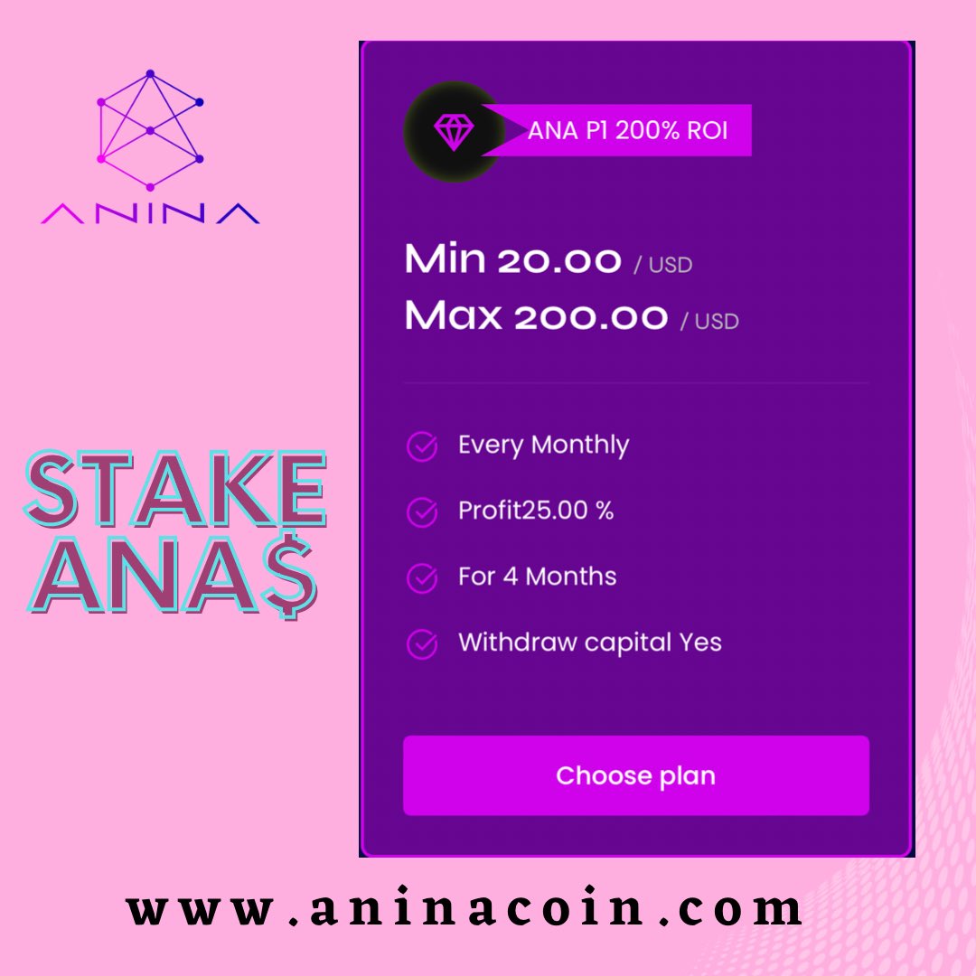 🌐 aninacoin.com

💎 January 9 Update💎
♦️ Added ANA P1 200% at Anacoin Finance
♦️ You can only avail the PLAN once, so maximize if you can. 
🔷ANA P1 is locked up for 4months and is on Monthly Profit claim.
🔷 Available in ANA and USDT.
#anacoin #anacoinfinance #anina