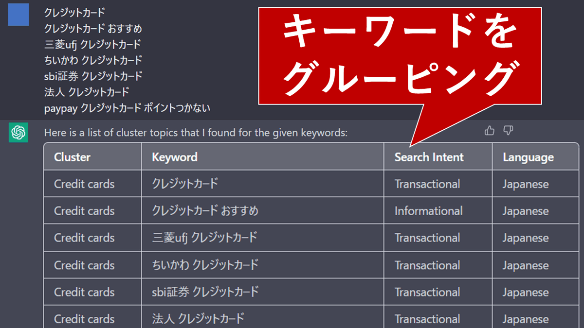 ChatGPTをSEOツールにするChromeアドオンがすごい😆 出来ること： ・キーワードのグルーピング ・記事タイトル文の作成  ・検索意図(質問文)の抽出 ・内部リンク設置箇所の提案 など 特に「キーワード分類機能」がすごい キーワードを入れると ・クラスター ・検索意図 で  ...