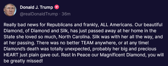 CarpeDonktum's tweet photo. President Trump made a beautiful post about the passing of Diamond of @DiamondandSilk 

This is unbelievable. I am crushed. https://t.co/1PKQRvLZ44