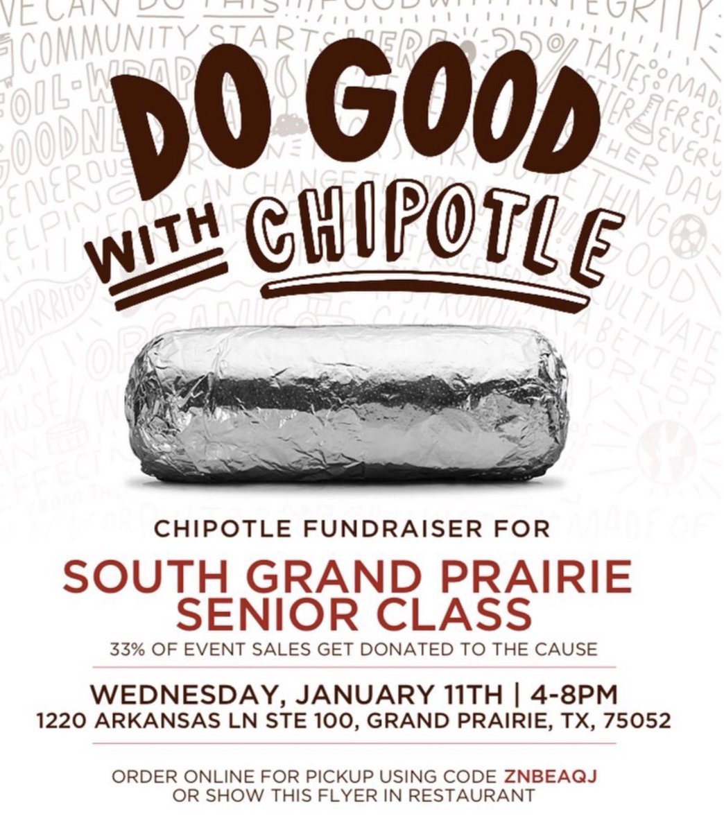 Dinner plans for Wednesday✅
Come out to support the class of 2023 at Chipotle! 🌯🌮