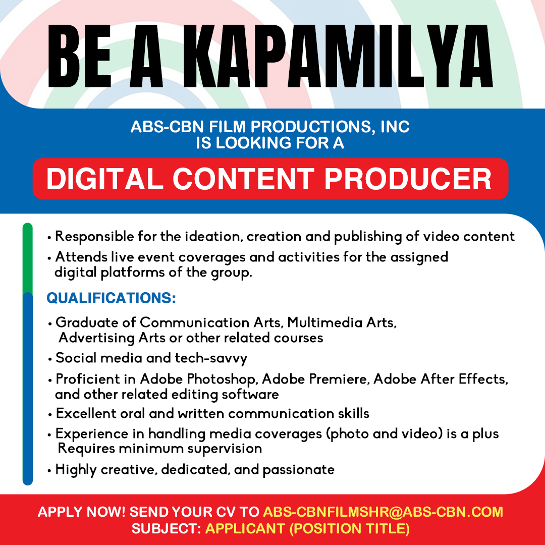 StarCinema's tweet photo. May opening dito!😉

Interested applicants may send their resume to ABS-CBNFilmsHR@abs-cbn.com.

#MayOpeningBaDiyan #HiringKami #HiringPH #MayOpeningDito https://t.co/fZxltgUuVQ