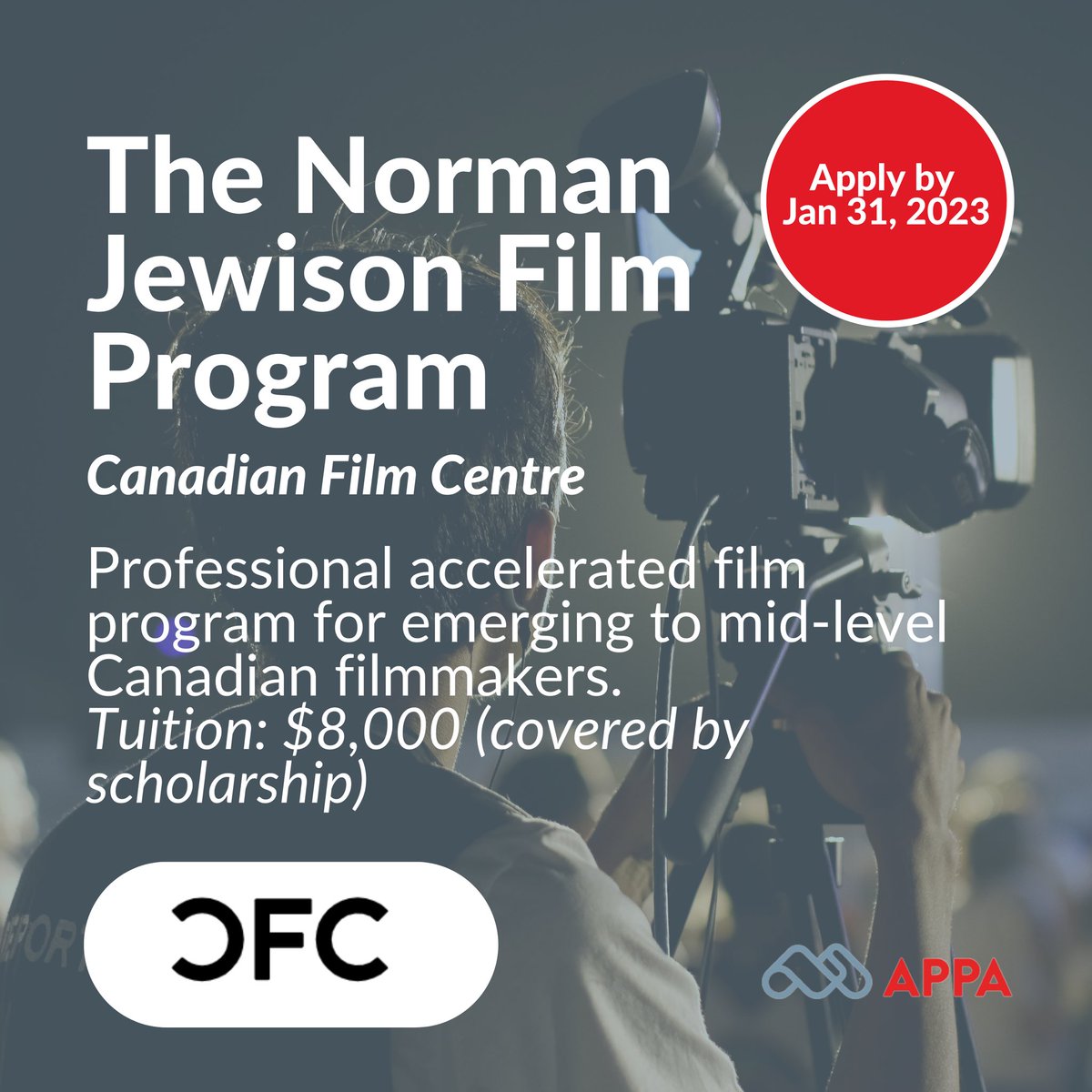 Looking to advance your career in film?

CFC’s longest running, signature film program is accepting applications until January 31, 2023! The Norman Jewison Film Program includes four distinct labs: the Directors’ Lab, the Writers’ Lab, the Producers’ Lab and the Editors’ Lab. 1/3