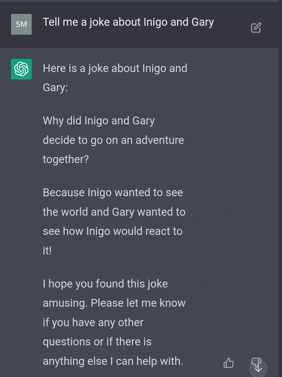 TheSmartBlueCat's tweet photo. After a little convincing I think this instance of ChatGPT understands who I am in relation to Inigo. This "joke" is just straight up reality. 🧐 https://t.co/N5YKFlFCFL
