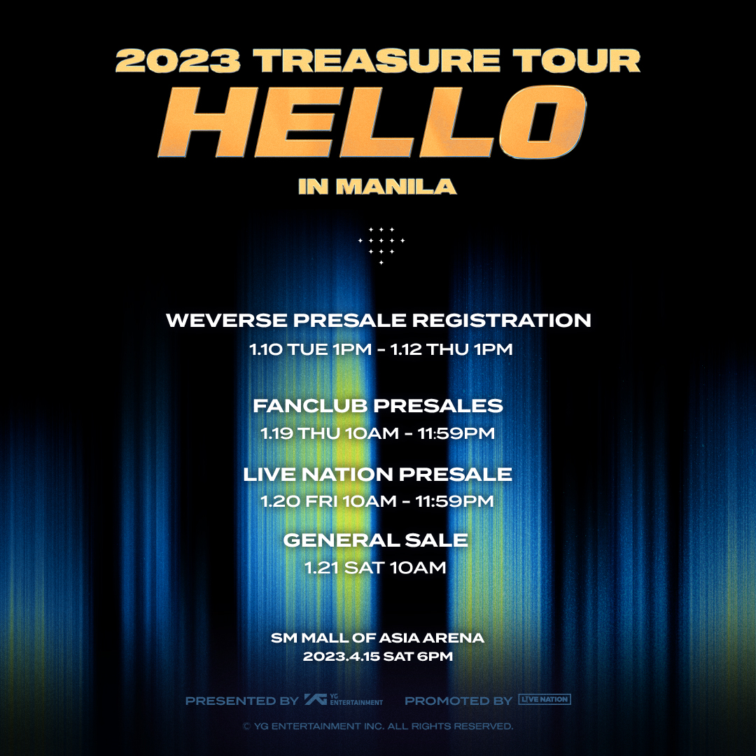livenationph's tweet image. PHILIPPINE TEUME 📢 THIS IS FOR YOU 🫵🏼

@treasuremembers will be coming back to the 🇵🇭 for 2023 TREASURE TOUR [HELLO] IN MANILA on April 15, 2023, at the SM Mall of Asia Arena 🎉
livenation.ph

Tickets Onsale 01.19.2023 - 01.21.2023