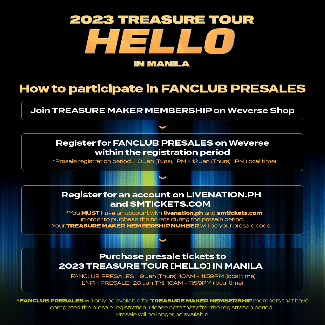 livenationph's tweet image. PHILIPPINE TEUME 📢 THIS IS FOR YOU 🫵🏼

@treasuremembers will be coming back to the 🇵🇭 for 2023 TREASURE TOUR [HELLO] IN MANILA on April 15, 2023, at the SM Mall of Asia Arena 🎉
livenation.ph

Tickets Onsale 01.19.2023 - 01.21.2023