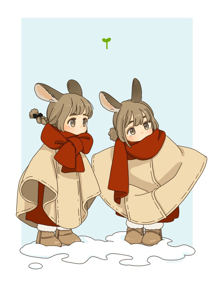 animal ears 2girls multiple girls scarf braid red scarf brown footwear  illustration images