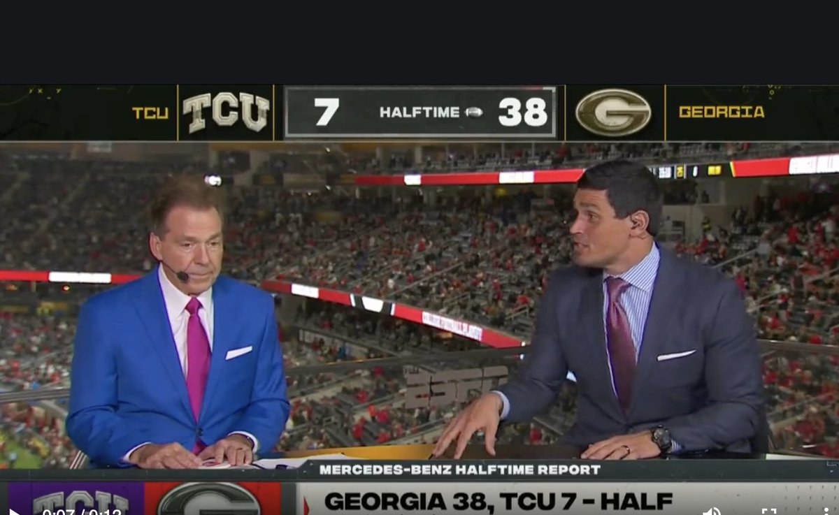 WATCH: #Georgia legend David Pollack hilariously blows Nick Saban's mind during halftime show with truth bomb: bit.ly/3k2TjQD