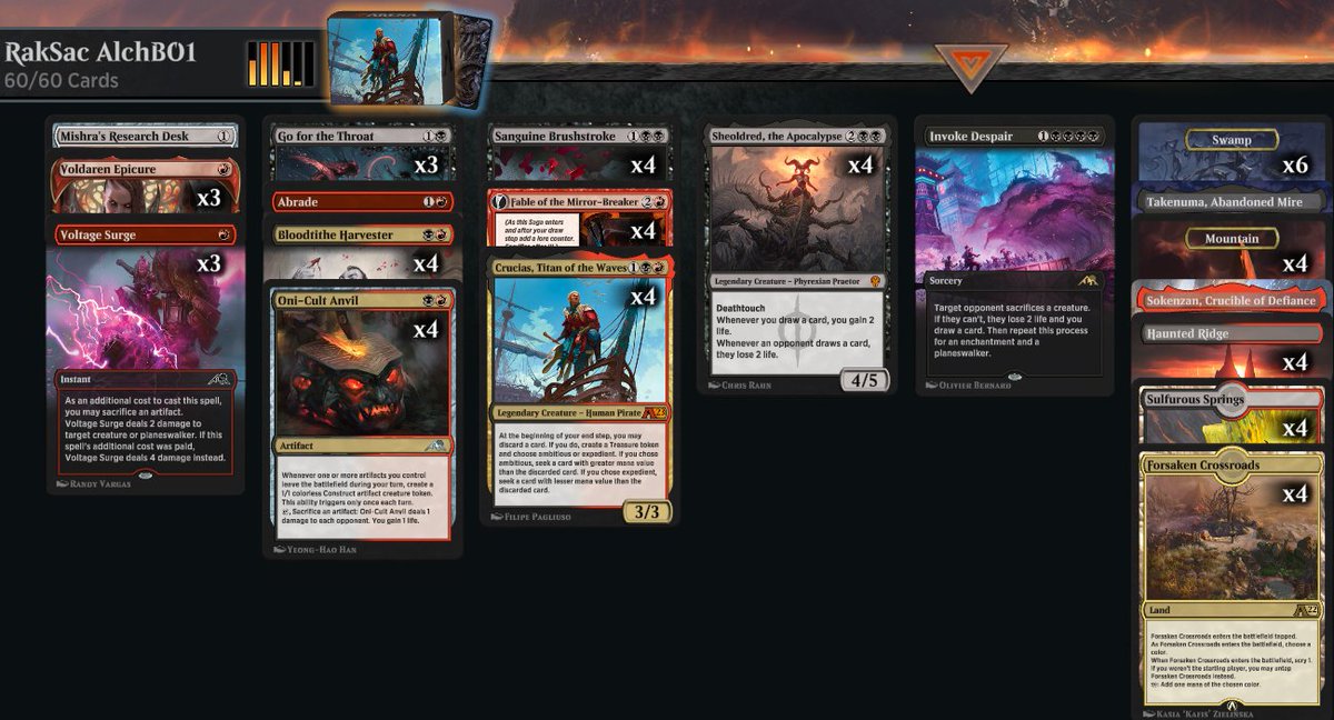 Decathlon 6: After grinding through like 6 runs with UB Oracle and always coming a bit short despite trying to adjust to the meta, I said to myself it was time to give something else a chance 😁

This RB Anvil deck took me there on the first try! 2nd Invoke would be good IMO 😍