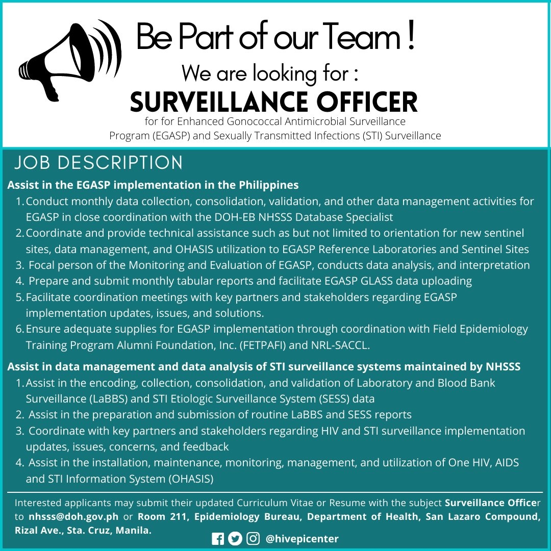 HIVepicenter's tweet photo. [NOTICE OF VACANCY]
The National HIV, AIDS, &amp; STI Surveillance &amp; Strategic Information Unit (NHSSS) of the DOH-Epidemiology Bureau is hiring (1) Surveillance Officer to join our growing team.

Interested applicants may send their CV/resumes to nhsss@doh.gov.ph. https://t.co/iSIYy9747f