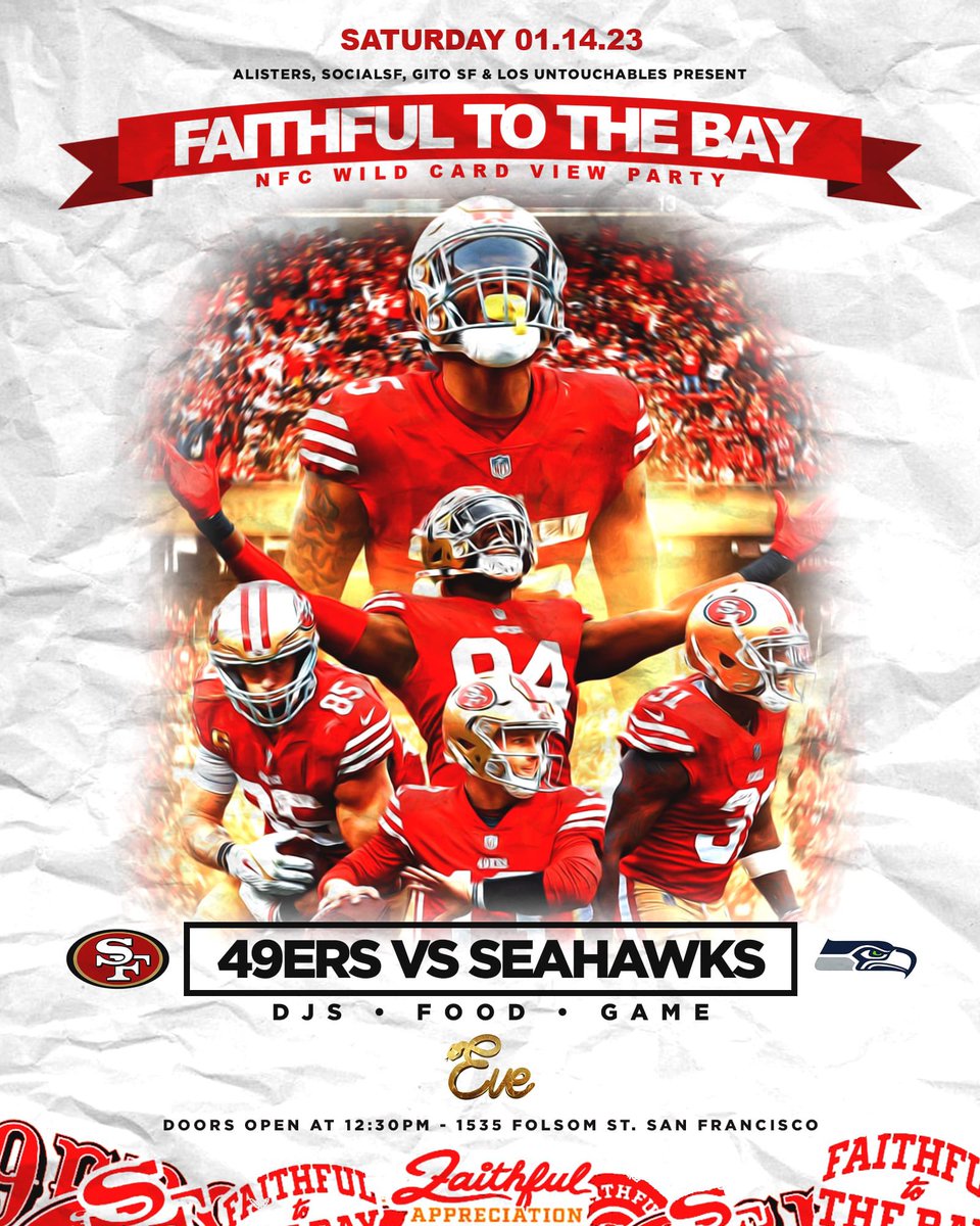 Saturday January 14th - 49ers viewing party at Eve Nightclub in San Francisco. Doors open at 1pm. RSVP at SocialSF.net